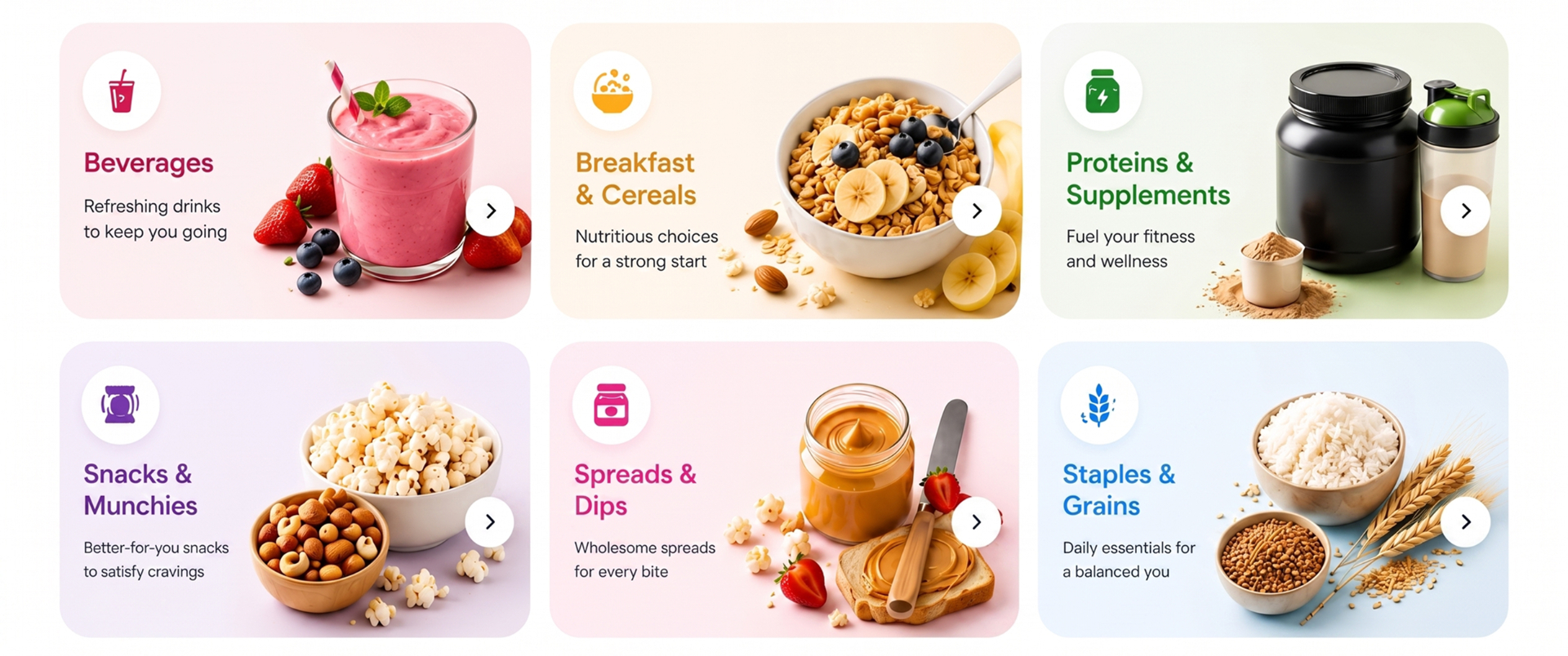 Healthy categories: Beverages, Breakfast & Cereals, Proteins & Supplements, Snacks & Munchies, Spreads & Dips, Staples & Grains
